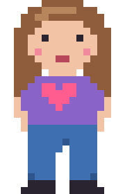 Pixel-doll van Iris: bruin haar, paars shirt met een roze hartje, spijkerbroek